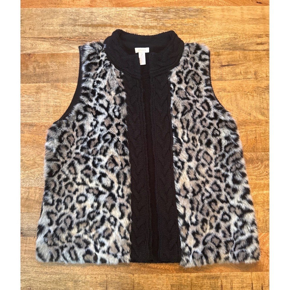 Chico's Faux Fur Vest Womens 2 Black Leopard Print Excellent Knit Open Front